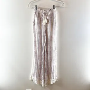 Surf Gypsy Tie Dye Smocked Drawstring Crochet Hem Wide Leg Pants White Purple thumbnail 3