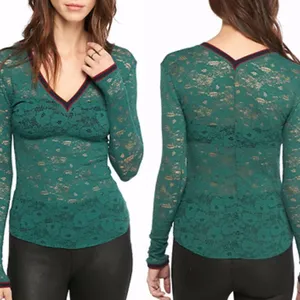 Free People Intimately Green V Neck Floral Lace Long‎ Sleeve Top thumbnail 2