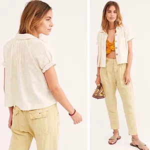Free People We The Free Womens Away At Sea Linen Blend Boho Striped Crop Button Top Size M thumbnail 2