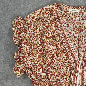 Max Studio Floral V-Neck Blouse Women's XL Yellow/Red Belted Ruffle Boho thumbnail 2