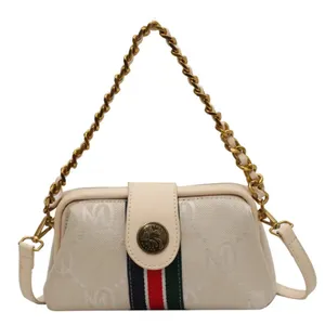Monogram Chain Shoulder Bag Cream Gold Stripe Crossbody Clutch NIP thumbnail 1