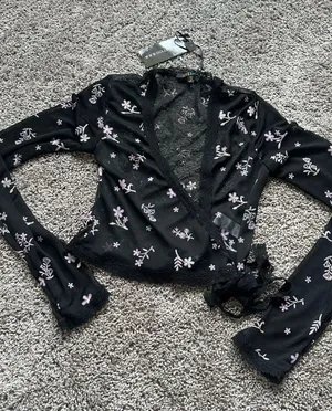 dELiA*s Black Sheer Floral Embroidered Wrap Top thumbnail 1