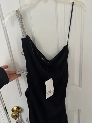 ZARA NWT Black one shoulder dress with silver diamanté buckle thumbnail 4