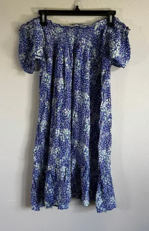 Free People Off the Shoulder Blue White Ditzy Floral Tiered Flowy Dress Womens L thumbnail 1