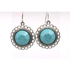 Silver Faux Turquoise Dangle Earrings Ornate Framing Southwest Boho Silver Tone thumbnail 3