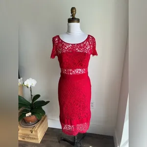 Nicole Miller Red Short Sleeve Combo Dress Midi Lace Illusion Size 0 thumbnail 2