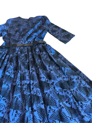 Voodoo Vixen Blue Black Bird Print Belted Fit Flare Midi Dress Medium Women's thumbnail 13
