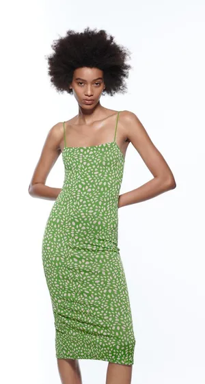 Zara Green Pink Jacquard Spaghetti Straps Straight Neck Fitted Midi Dress L thumbnail 1