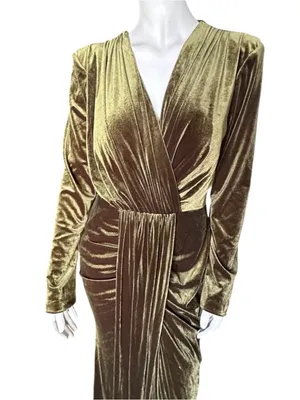 Inewer Stretch Velvet Long Sleeve Draped Formal Dress Olive Green SIZE 12 NWT thumbnail 2