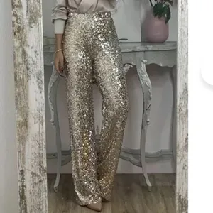 Impressions Sequins Tan & Gold Palazzo Flair Hem Pants L thumbnail 2