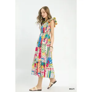 Umgee Abstract Print Smocked Ruffle Sleeve Tiered Midi Dress - Medium thumbnail 3