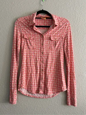 Tory Burch Silk Chain Link Geometric Button Down Blouse Coral Small Pink Career thumbnail 6