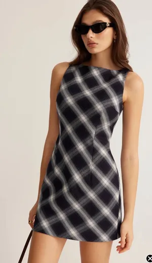 Commense Sleeveless Checked Zipper Mini Dress Black White Plaid Boat Neck NWT thumbnail 1