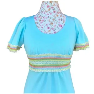 Allegro NY Vintage 70's Dress Light Sky Blue Empire Waist Maxi Crochet Detail Si thumbnail 2