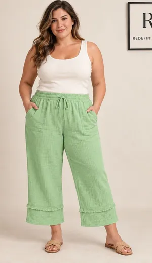 Umgee USA Lime Green Cotton Gauze Wide Leg Cropped Pants Plus Size XL WK7184 thumbnail 1