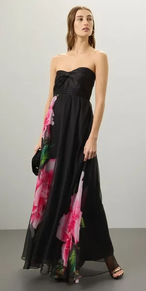ONE33 SOCIAL Black Pink Floral Roses Chiffon Strapless Maxi Gown size 0 thumbnail 1