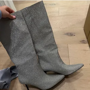 ZARA Silver Rhinestone Heeled Knee High Boots Heels thumbnail 9