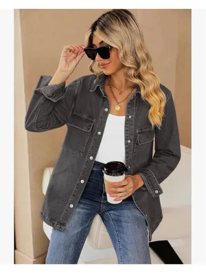 NEW Cotton Jean Jacket Shacket Oversized Button Down Denim L Gray Size L thumbnail 7