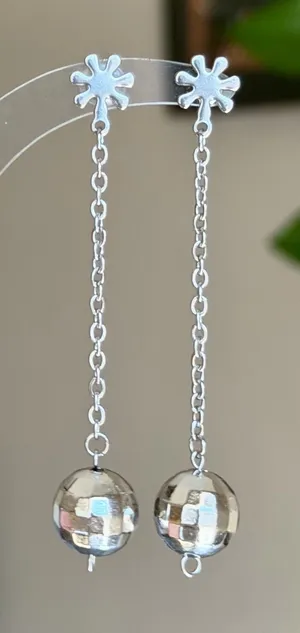 Handmade disco ball funky cute y2k boho chain dangle earrings🤍 thumbnail 1