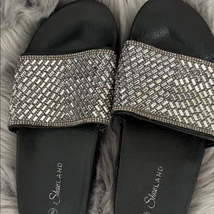 NWOT Shoeland Black Slide Sandals with Silver Beaded Strap sz 9 thumbnail 2