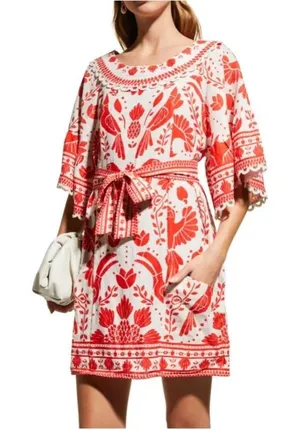 FARM Rio Jungle Flow Linen Toucan Pineapple Mini Dress M Red Boho Resort Wear thumbnail 1