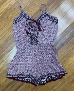 American Eagle Romper Womens XS Red Boho Print‎ Lace Up Tassel Detail Summer thumbnail 1