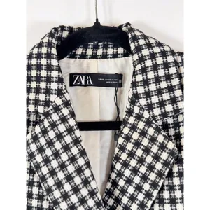 ZARA Womens Blazer Black Double Breasted Plaid Cropped Tweed Jacket Notched XS thumbnail 4