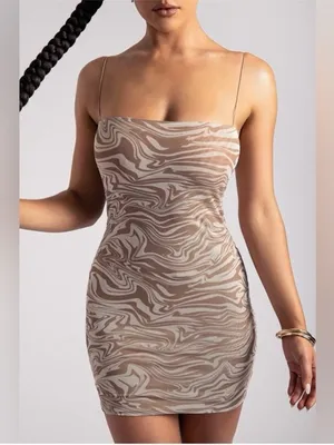 Meshki Mia Beige Marble Print Slip Mini Mesh Dress Medium thumbnail 2