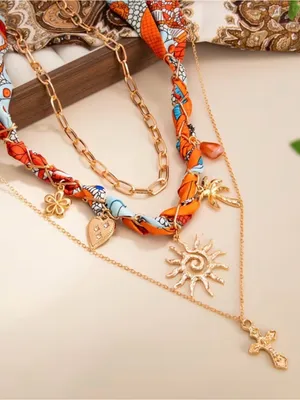 ☀️BOGOHO☀️Layered Sun & Cross Necklace Set with Orange & Blue Scarf Accent thumbnail 5