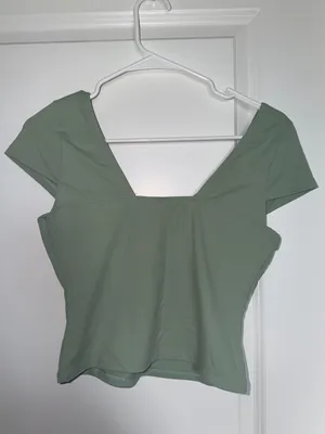 Sage Green V-Neck Cap Sleeve Crop Top thumbnail 2