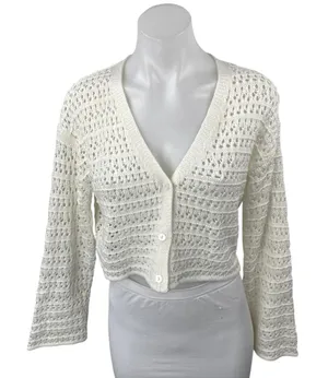 Women's White Crochet Knit Long Sleeve V Neck Crop Button Up Cardigan Sweater 14 thumbnail 1