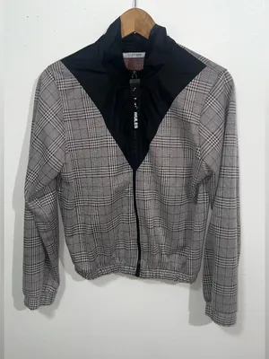 Zara Gray Plaid Bomber Jacket with Black Contrast Yoke thumbnail 3
