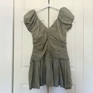 Abercrombie & Fitch Drama Puff Sleeve Ruched Mini Dress Sage Green Petite Large thumbnail 4