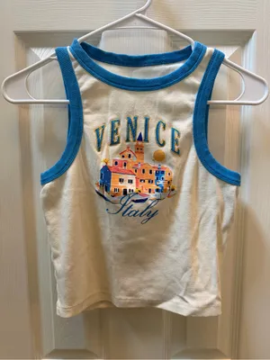 Mighty Fine White Tank Top with Blue Trim and Venice Italy Graphic size L thumbnail 1