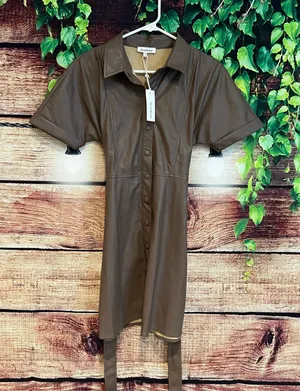 Heartloom Faux Leather Brown Mini Dress w Waist Tie Collar & Snap Buttons XS NWT thumbnail 1