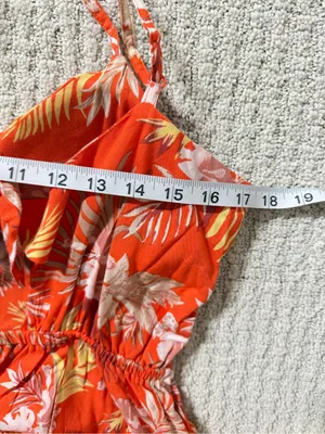 Derek Heart Tropical-Print Orange Mini Romper - Sleeveless V-Neck Sz M thumbnail 5