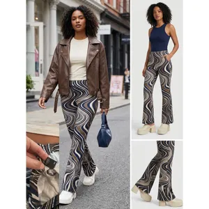 Cider‎ Womens XS Brown Navy Swirl Psychedelic Flare Leg High Waist Retro Pants thumbnail 2