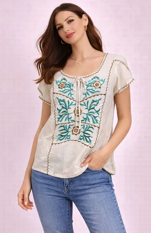 Willow & Clay Embroidered Bohemian Top Short Sleeve Blouse Cream Green Size M‎ thumbnail 1