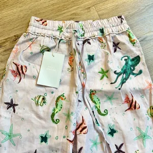 Hill House The Skylar 100% Linen Pants in Sea Creatures Size M NWT thumbnail 4