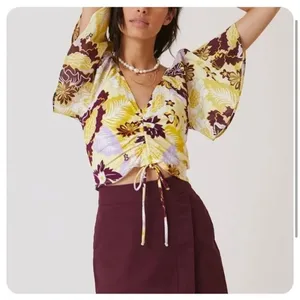 Maeve Anthropologie cinched yellow floral flutter sleeve tie top thumbnail 10