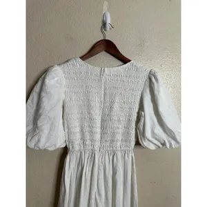 Dissh White 100% Linen Puff Sleeve Smocked Midi Dress Cottagecore Coastal US 6 thumbnail 11