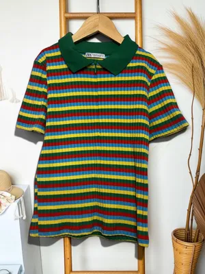 ZARA Multi-Colored Striped Ribbed Knit Polo Zip-Up Shirt Size M thumbnail 2