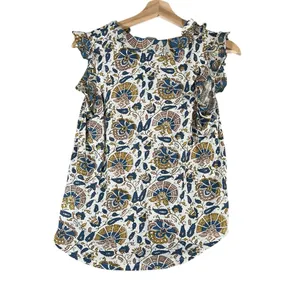Lucky Brand Womens Blue Creme VTG Y2K Style Floral Boho Indie Ruffled Top Sz‎ M thumbnail 2
