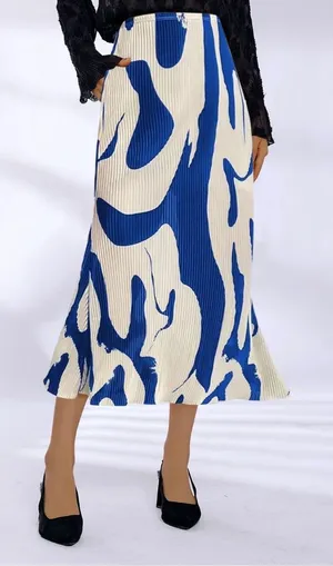 Navy & White Pleated Midi Skirt Blue thumbnail 3