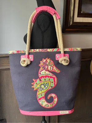 Spartina 449 Navy Tote with Pink Trim and Multicolor Seahorse thumbnail 1