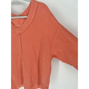 AERIE Wonder Textured V-Neck Sweatshirt Women Small Peach Waffle‎ Knit Oversized thumbnail 5