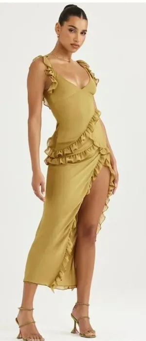NWOT HOUSE OF CB 'Pixie' Olive Ruffle Maxi Dress sz XL thumbnail 1