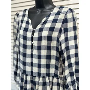 American Eagle Blue/White Plaid Buttons Tiered Long Sleeve‎ Size S Flowy Ruffles thumbnail 2