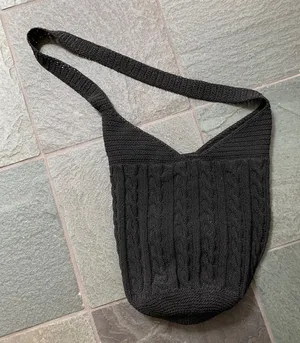 Black lined crochet cable stitch boho shoulder sling bag cotton blend thumbnail 1