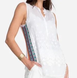Johnny Was Malin Tank In White sz L crochet side embroidered‎ laces panel thumbnail 1